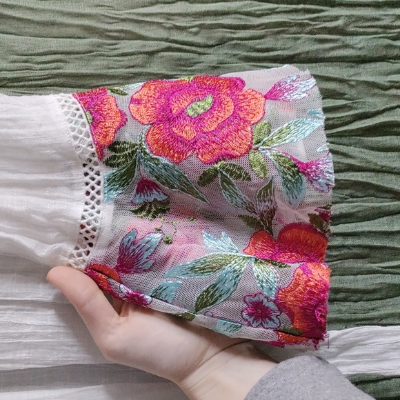 A. Byer Peasant Top with Floral Embroidered Bell Sleeves - Picture 5 of 13